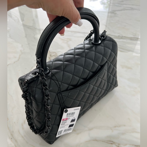 CHANEL 20A RARE BLACK ON BLACK MEDIUM FLAP BAG WITH HANDLE NWTS! - Picture 8 of 17